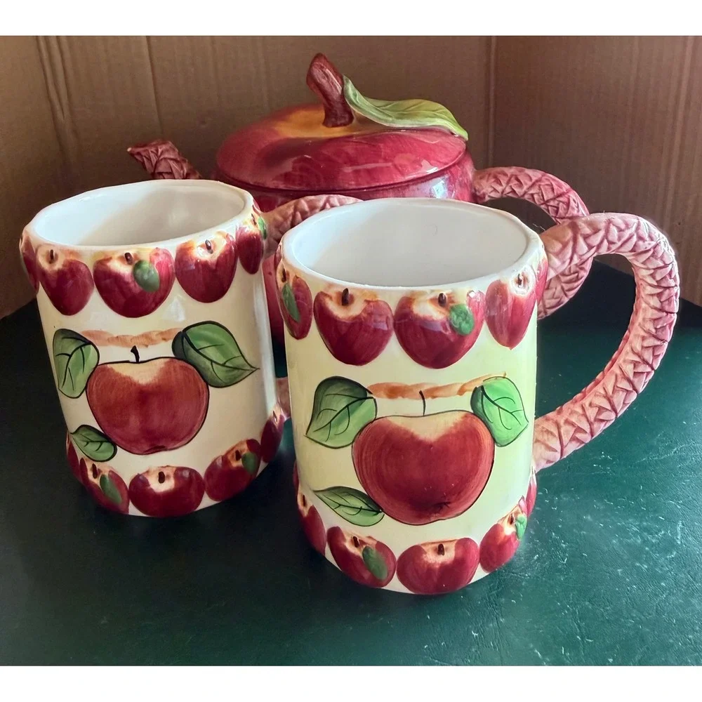 Seymour Mann Vintage Apple Teapot and Mugs Set Hand Painted Faience Ceramic 3pc